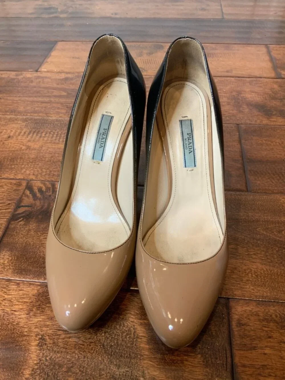 PRADA Tan Black Ombre Patent Leather Pump Heels, Size 8 | 38